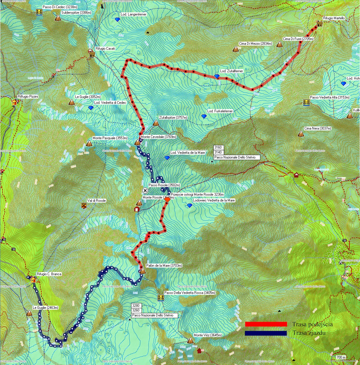 Mapa 3 etapu skitury: Marteller Hutte 2610 m - Monte Cevedale (3769m) - Palon de la Mare (3703m) - Refugio C.Branca (2493m) Mapa 3 etapu skitury: Marteller Hutte 2610 m - Monte Cevedale (3769m) - Palon de la Mare (3703m) - Refugio C.Branca (2493m)
