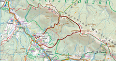 Połonina Wetlińska - Mapa z sladem podejscia i zjazdu